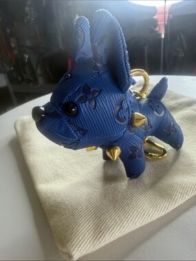Mini Designer-Style Blue Puppy Keychain with Gold Studs
